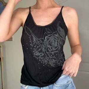 Express Black Glitter Rose Graphic Tank Top with Rhinestones - Size M